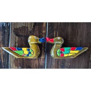 Vintage Korean Wedding Ducks Mandarin Pair Hand Painted Wood Love Gift Decor